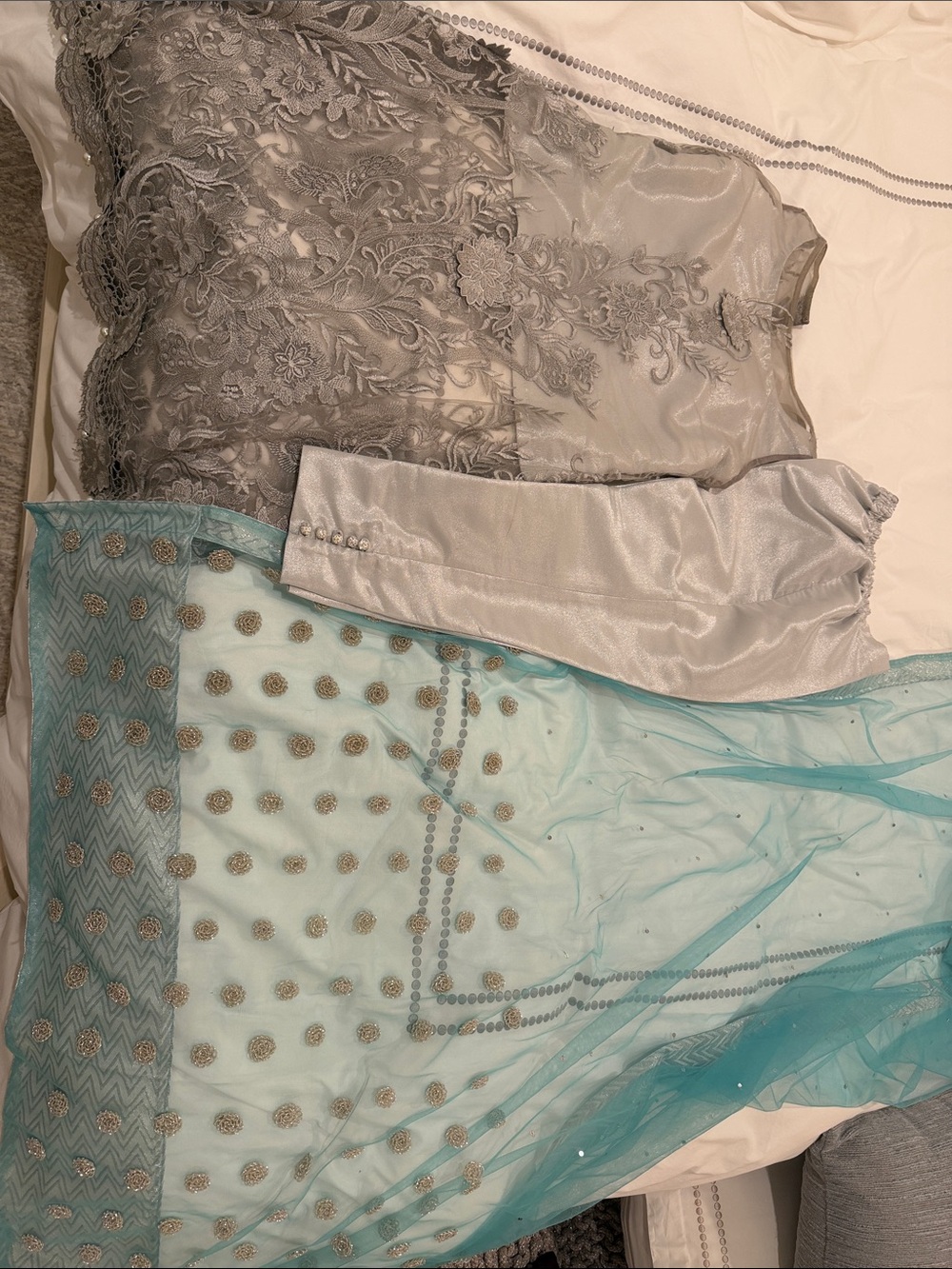 Elegant Silver and Light Blue Embroidered Women's Dress